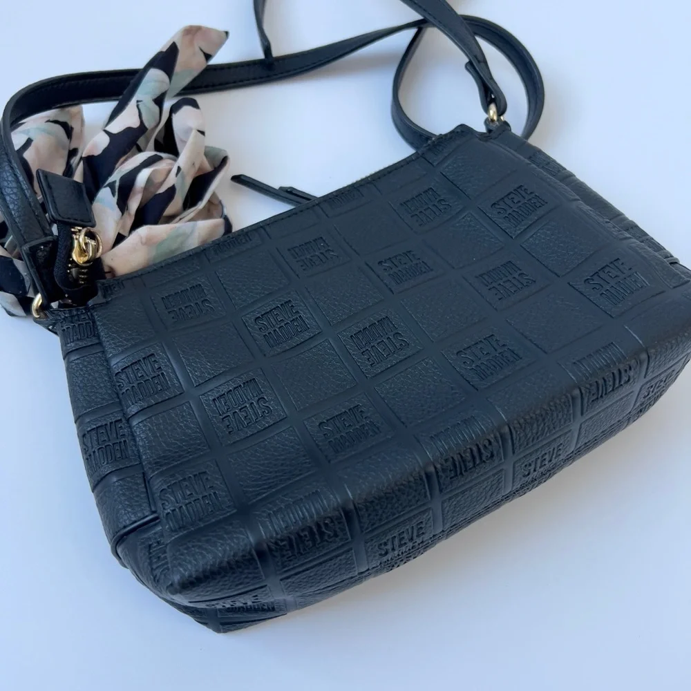 Steve Madden Embossed Black Crossbody Bag with Scarf Accent